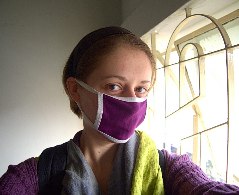 Karla wears a purple face mask